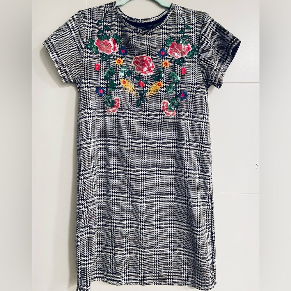 Zara Houndstooth Floral Sequin Embroidered Dress